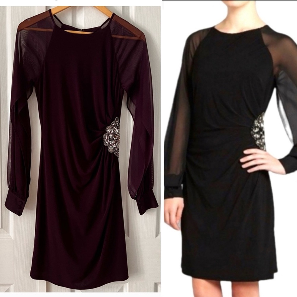 Eliza J Dress with sheer sleeves and beaded embellishment on left side - size 4